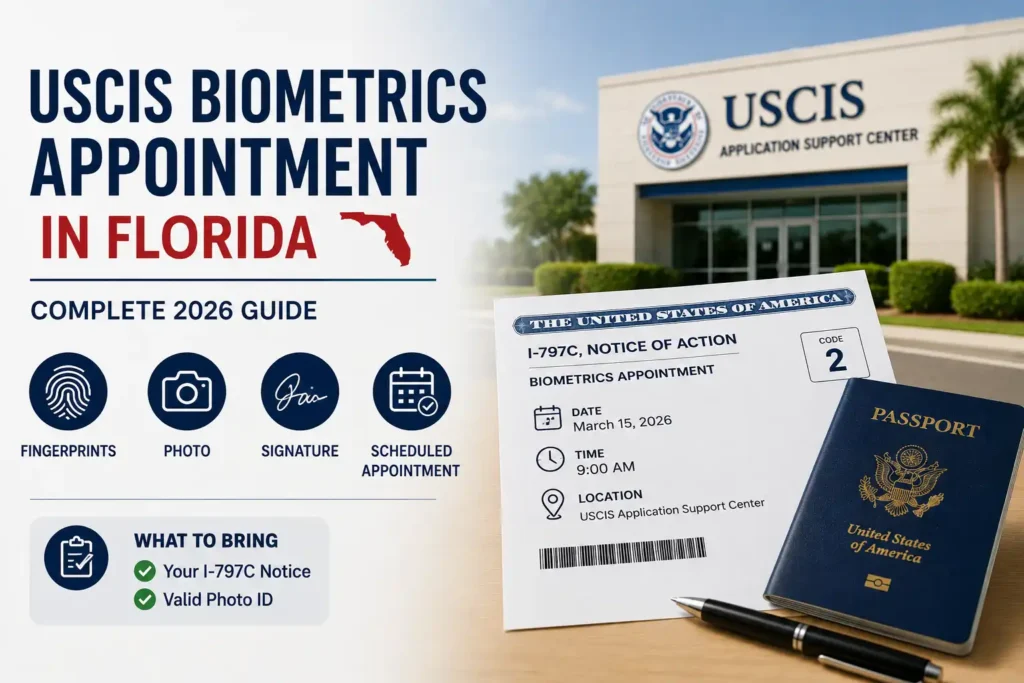 USCIS biometrics appointment notice I-797C with Code 2 next to a U.S. passport, outside a Florida Application Support Center
