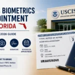 USCIS biometrics appointment notice I-797C with Code 2 next to a U.S. passport, outside a Florida Application Support Center