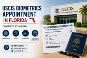 USCIS biometrics appointment notice I-797C with Code 2 next to a U.S. passport, outside a Florida Application Support Center