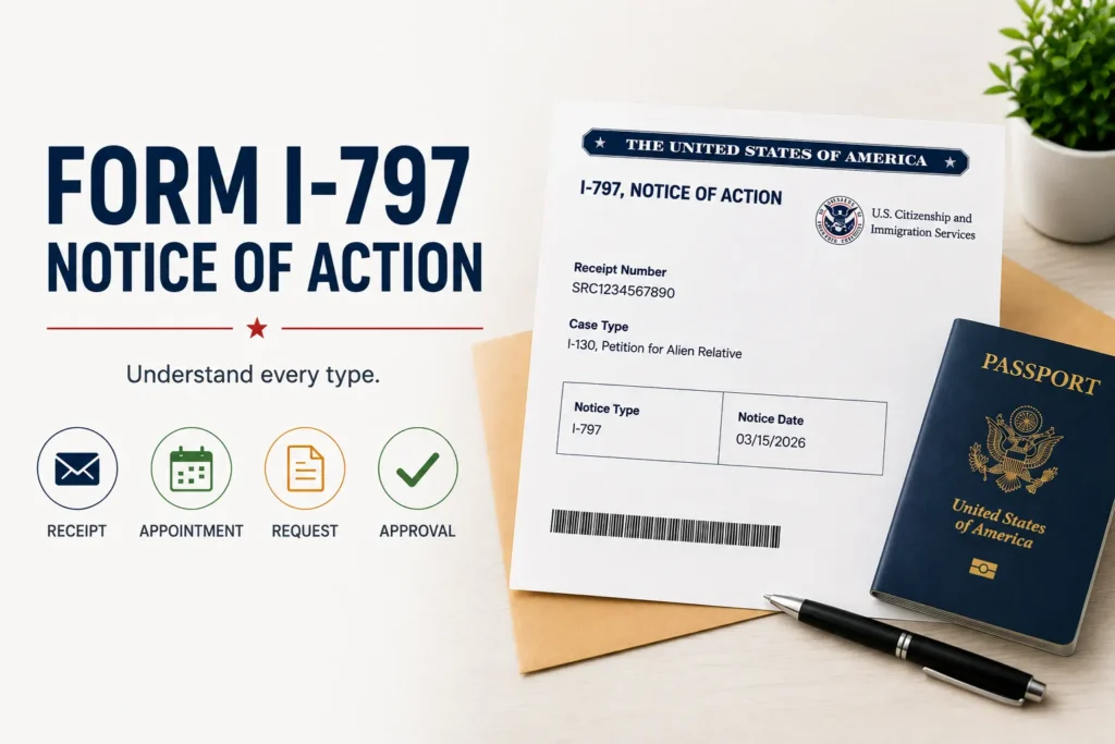 USCIS Form I-797 Notice of Action showing receipt number and I-130 case type, next to a U.S. passport and envelope