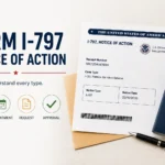 USCIS Form I-797 Notice of Action showing receipt number and I-130 case type, next to a U.S. passport and envelope