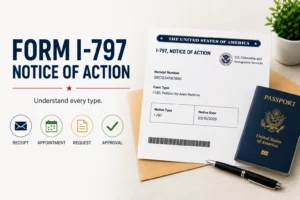USCIS Form I-797 Notice of Action showing receipt number and I-130 case type, next to a U.S. passport and envelope