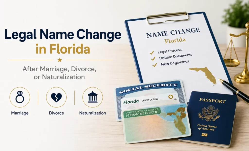 orida legal name change documents: clipboard, Social Security card, green card, and U.S. passport on a desk with justice scales