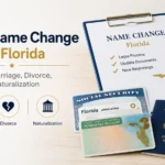 orida legal name change documents: clipboard, Social Security card, green card, and U.S. passport on a desk with justice scales