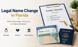 orida legal name change documents: clipboard, Social Security card, green card, and U.S. passport on a desk with justice scales
