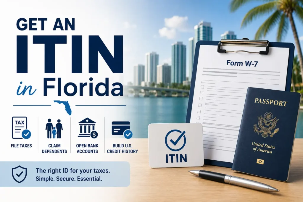 IRS Form W-7 on a clipboard next to an ITIN card and U.S. passport, with a Florida waterfront skyline in the background