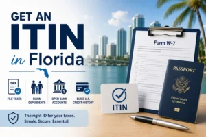 IRS Form W-7 on a clipboard next to an ITIN card and U.S. passport, with a Florida waterfront skyline in the background